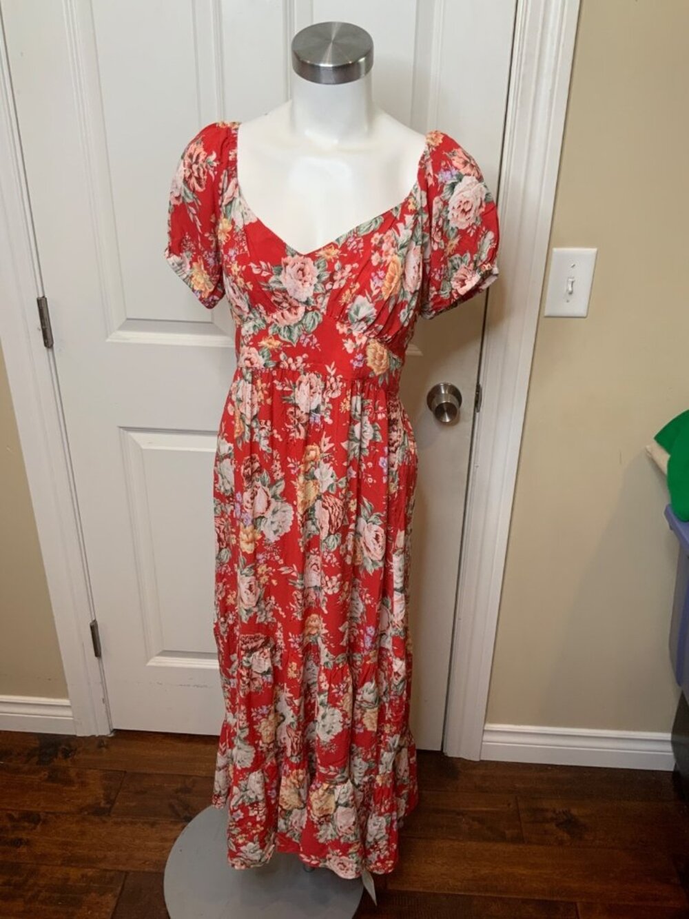 Auguste The Label Red Floral Babydoll Midi Dress, Size 6